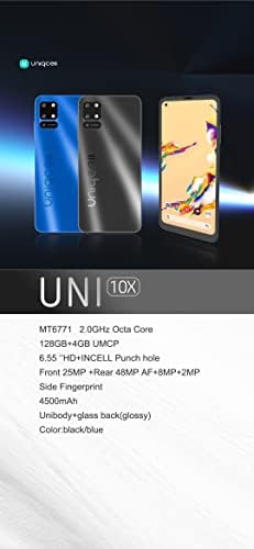 Uniqcell uni 10x | טלפון סלולרי אנדרואיד | 6.55 HD+Incell Punch Hole | סים כפול | 128 ג'יגה -בייט אחסון | טביעת אצבע צדדית